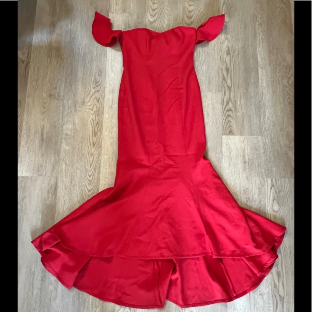 LIKELY red gown, off the shoulder- size 10, fits like 6